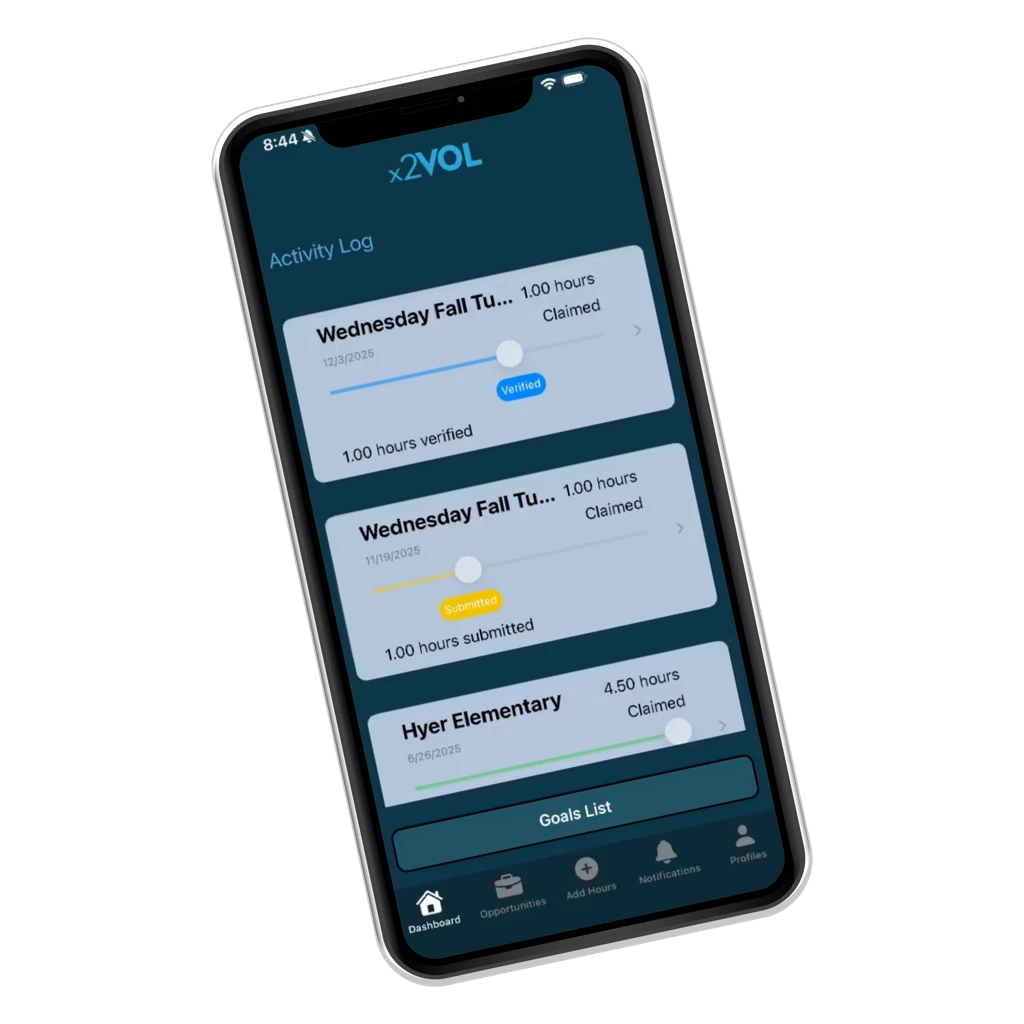 x2VOL mobile app showing the Activity Log with verified and submitted hours