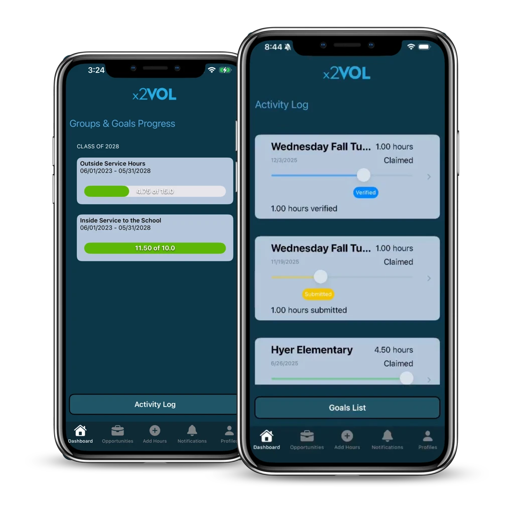 x2VOL mobile app showing Groups & Goals Progress and the Activity Log